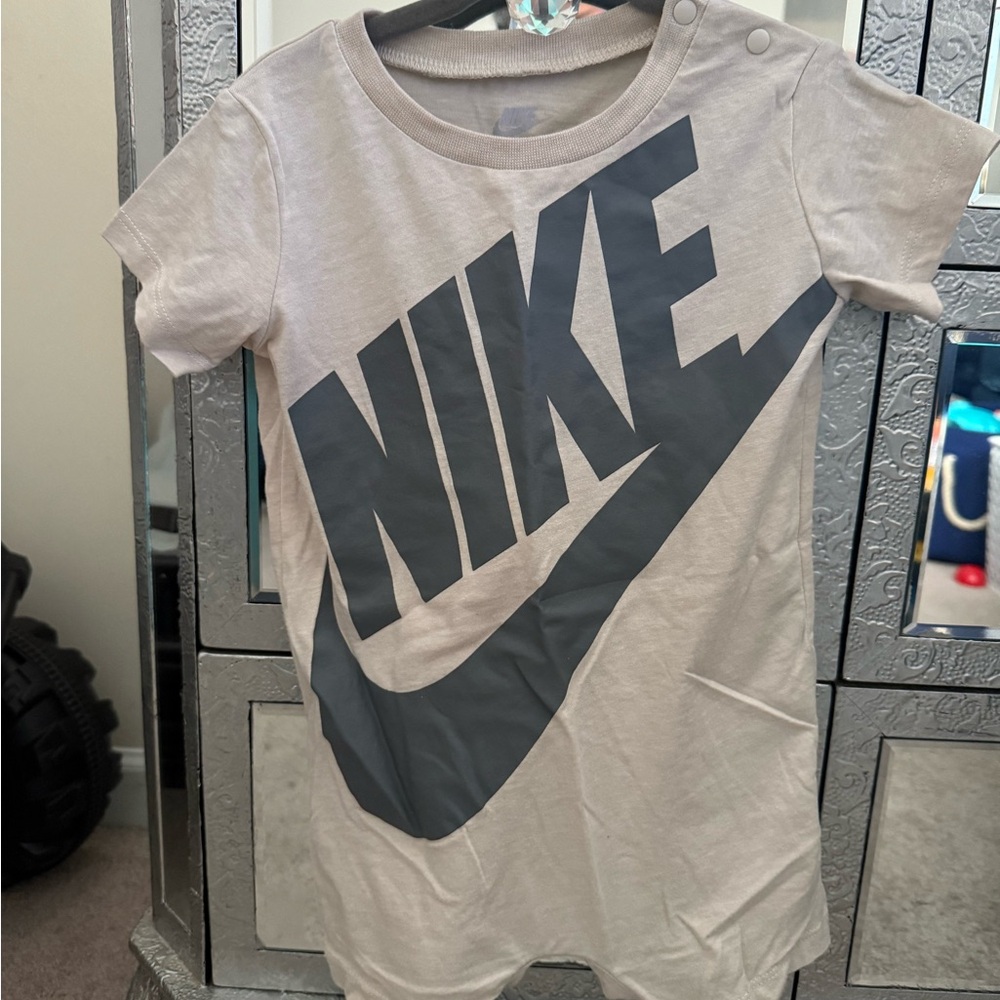 Nike Taupe Short Sleeve Tee with Charcoal Swoosh Logo